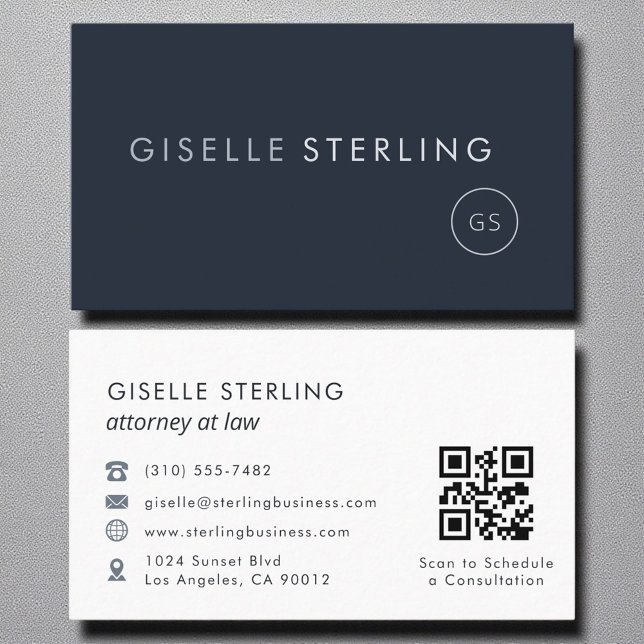 Cartão De Visita Advogado de Lei QR Código Marinho Azul Luxo (Criador carregado)