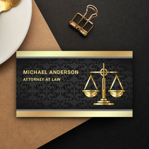 Cartão De Visita Advogado do Black Damask Dourado Justice Scale