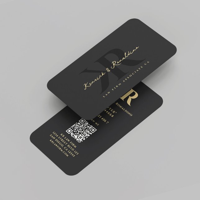 Cartão De Visita Advogado Moderno Lei Monograma K R Preto Dourado (Modern Lawyer Attorney Law Monogram K R Black Gold Professional Legal Marketing QR Business Card
)