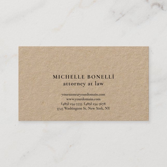 Cartão De Visita Advogado Único de Kraft Premium Simples (Frente)