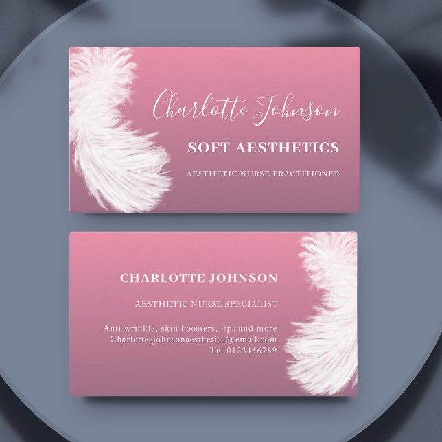 Cartão De Visita Aestesia Skincare Pink Moderno (Aesthetic nurse practitioner feather pink business card )