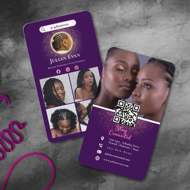 Cartão De Visita African Braid Hairstylist Purple & Glitter Gold (African Braid Hairstylist Purple & Glitter Gold Business Card )