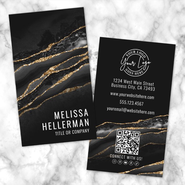 Cartão De Visita Agate Dourado Elegante (Elegant Black Gold Agate Business Card)