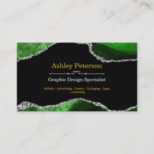 Cartão De Visita Agate Green e Silver Faux Glitter