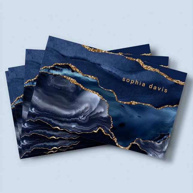 Cartão De Visita Agato azul Elegante Marinho com Faux Dourado (Criador carregado)