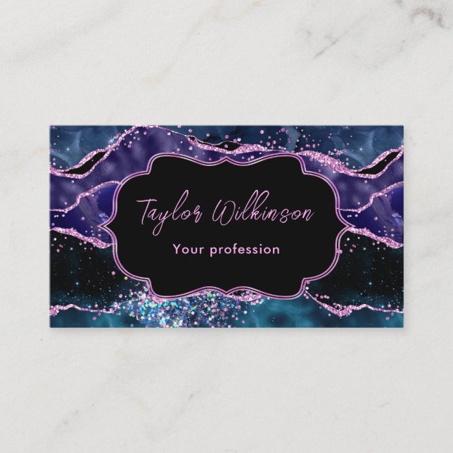Cartão De Visita Agato do Oceano Glitor Azul-marinho e Roxo (Frente)