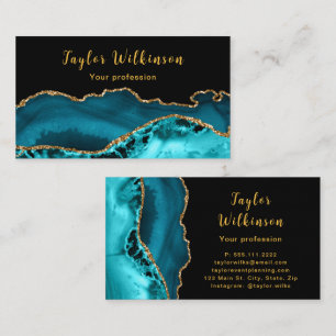 Cartão De Visita Agato Dourado Elegante e Azul Teal