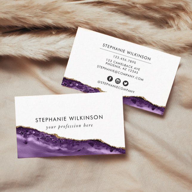 Cartão De Visita Agato Roxo e Borda Dourada (Purple Agate & Gold Border Watercolor Business Car Business Card)