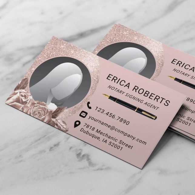 Cartão De Visita Agente de Assinatura Notária Glam Rosa Dourada Fot (Criador carregado)