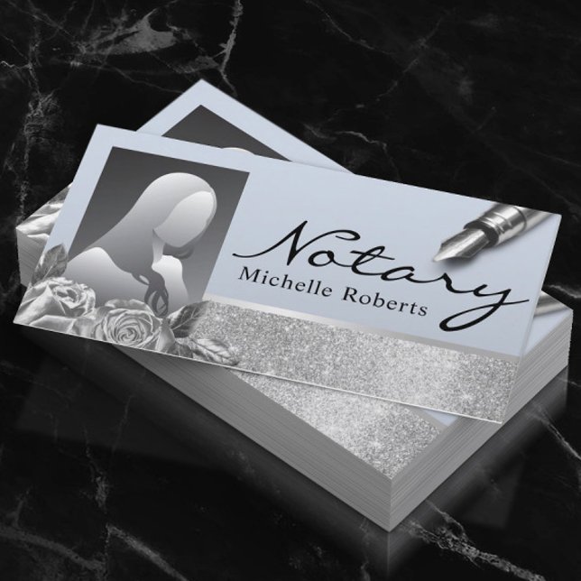 Cartão De Visita Agente de Assinatura Notária Silver Floral Blue Fo (Criador carregado)