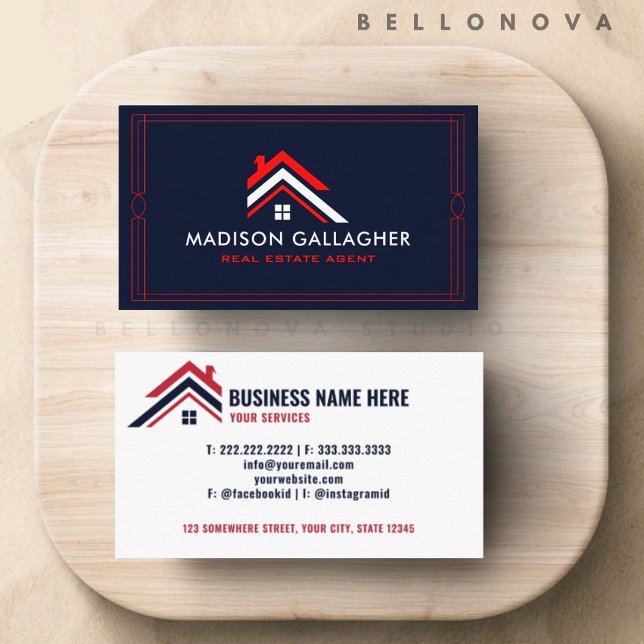 Cartão De Visita Agente de Imóveis Branco Azul de Marinho Escuro Pe (Custom Dark Navy Blue White Real Estate Agent Business Card)