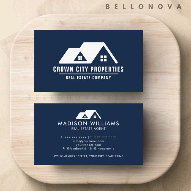 Cartão De Visita Agente de Imóveis Branco Azul de Marinho Escuro Pe (Custom Dark Navy Blue White Real Estate Agent Business Card)