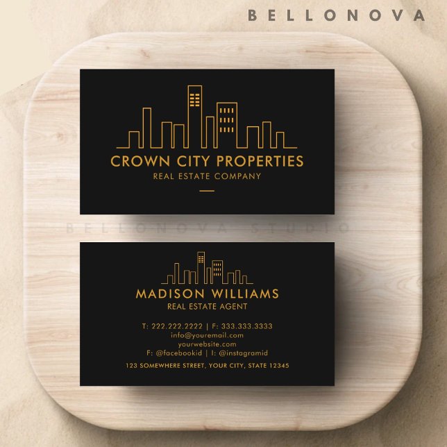 Cartão De Visita Agente de Imóveis Dourado e Preto Personalizado (Custom Black and Gold Real Estate Agent Business Card)