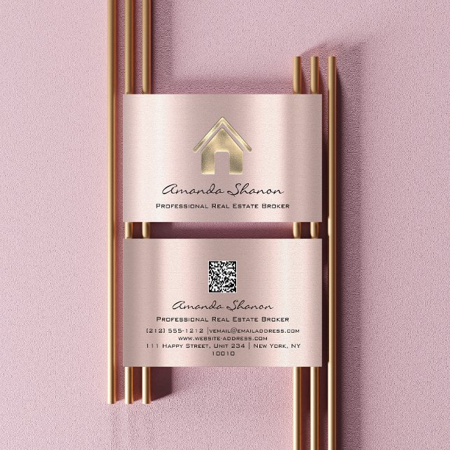 Cartão De Visita Agente de Imóveis Profissional Rosa QR Dourado do  (Professional Real Estate Broker Agent Rose Gold QR Business Card)