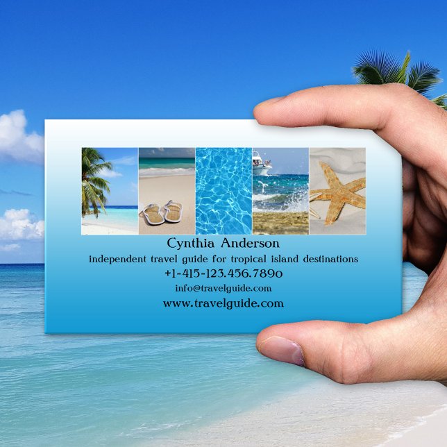 Cartão De Visita Agente de Viagem de Código QR de Destino Tropical (Blue tropical beach travel agent business card)