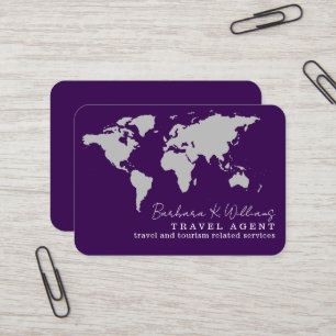 Cartão De Visita Agente de Viagens Elegante mapa mundial roxo
