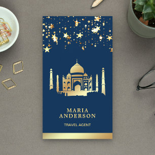 Cartão De Visita Agente de Viagens Taj Mahal Confete Dourado Azul M