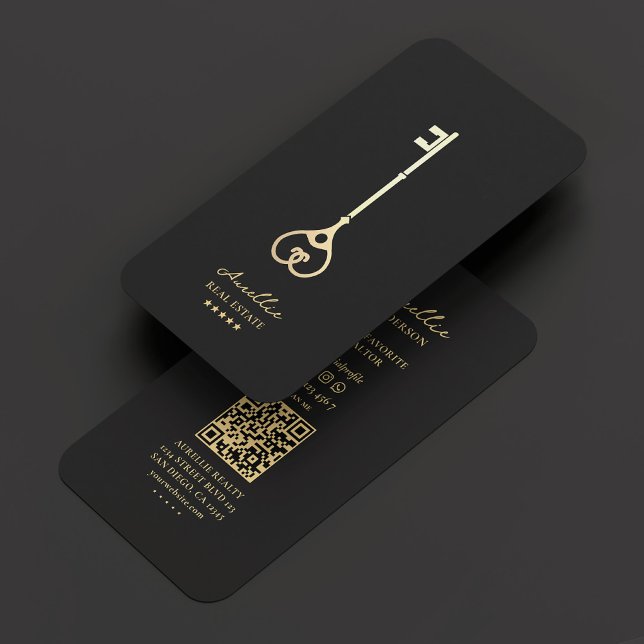 Cartão De Visita Agente Elegante Moderno de Chave Dourada do Realto (Realtor Black Gold Key Modern Elegant Broker Business Card
)