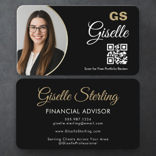 Cartão De Visita Agente Financeiro QR Code Foto Preto Dourado