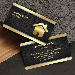 Cartão De Visita Agente imobiliário Black Damask Gold Foil Home
