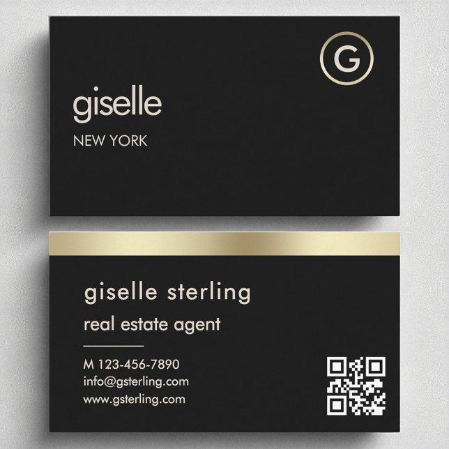 Cartão De Visita Agente Imobiliário Black QR Code Gold Foil (Criador carregado)