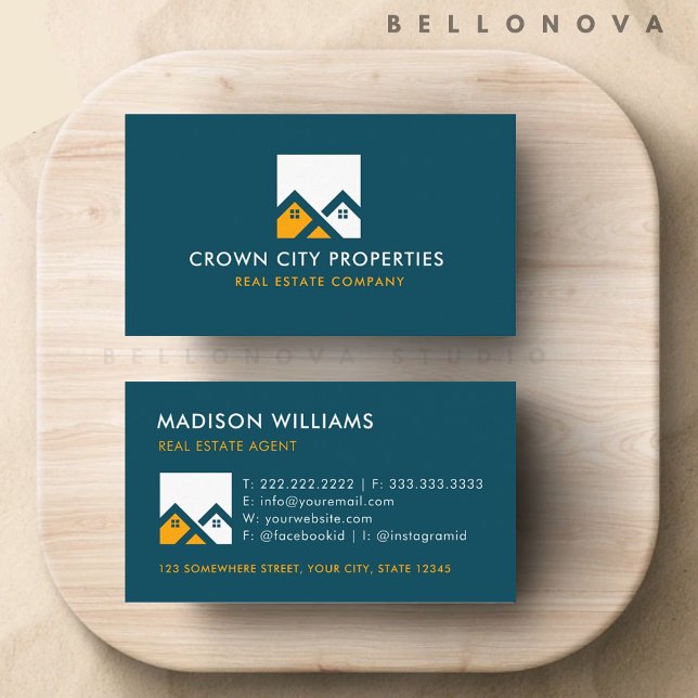Cartão De Visita Agente Imobiliário Branco Verde-Branco Personaliza (Custom Teal Green White Yellow Real Estate Agent Business Card)