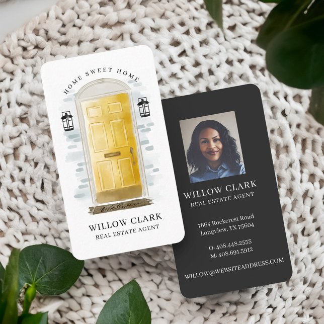 Cartão De Visita Agente Imobiliário de Porta de Água Amarela (Yellow Watercolor Front Door Real Estate Agent Business Card)