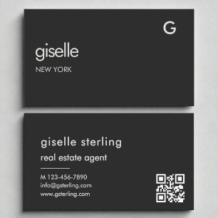 Cartão De Visita Agente Imobiliário Elegante Black QR Code Monogram