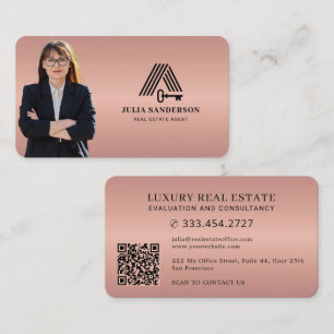 Cartão De Visita Agente imobiliário foto QR falso rosa dourado metá