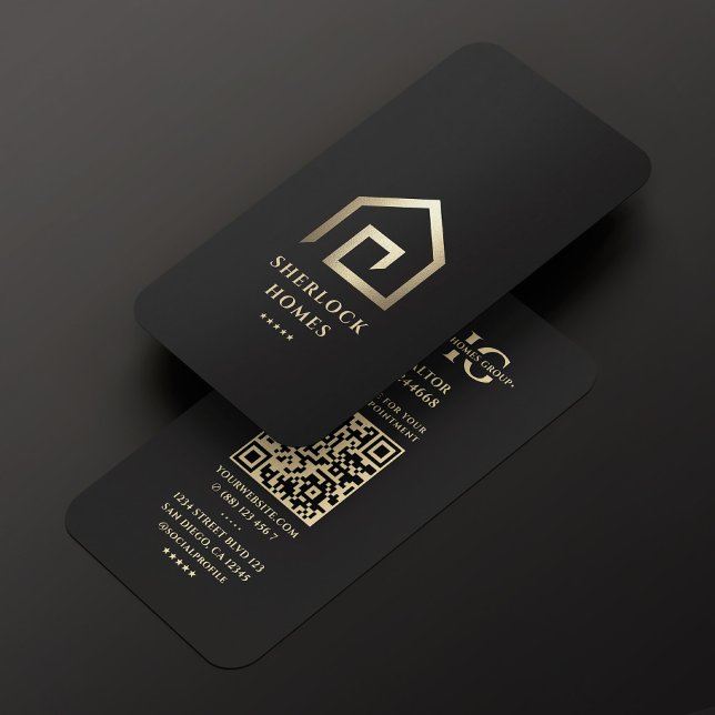 Cartão De Visita Agente Imobiliário Imobiliário Black Faux Dourada  (Realtor Real Estate Agent Black Gold House Modern Business Card
)