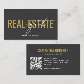 Cartão De Visita Agente imobiliário moderno Código QR cinza dourado