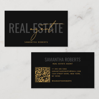 Cartão De Visita Agente imobiliário moderno Código QR preto dourado