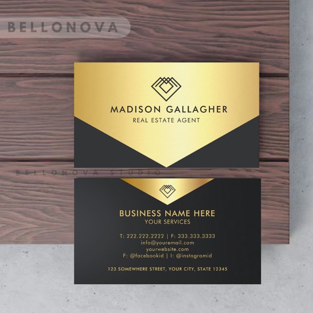 Cartão De Visita Agente Imobiliário Preto E Dourado Personalizado (Custom Black And Gold Real Estate Agent Business Card)
