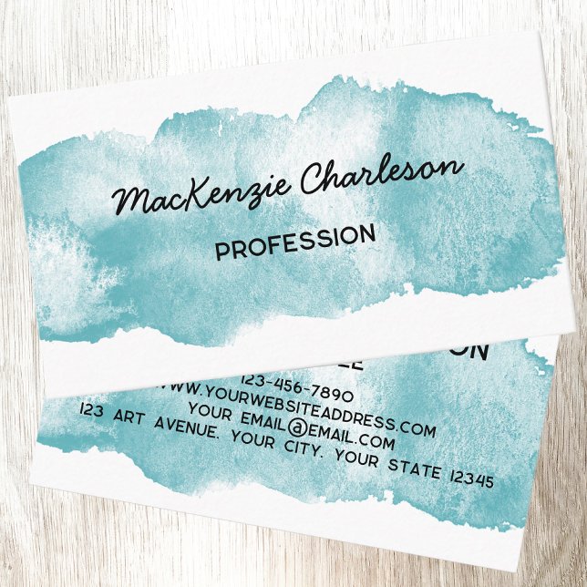 Cartão De Visita Água Simples Pintor Pintado Turquesa Aqua (Simple watercolor brush stroke personalized custom text business card )