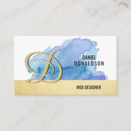Cartão De Visita Aguarela azul Dourado Monogrammed profissional