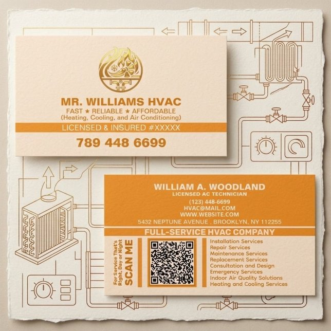 Cartão De Visita Air Conditioning Heating and Cooling | Orange HVAC (air conditioning technician cards, heating and cooling business cards, HVAC marketing materials, pro)