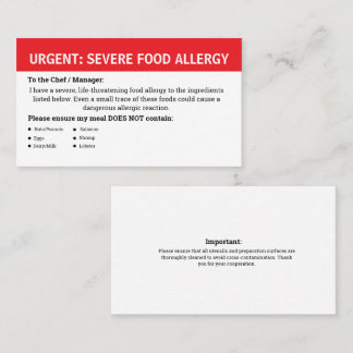 Cartão De Visita Alerta de Alergia Alimentar Múltipla