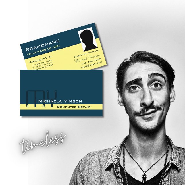 Cartão De Visita Amarelo Azul Escuro com Monograma e Foto (Criador carregado)