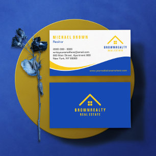 Cartão De Visita Amarelo Azul Suntuoso Logotipo de Telhado e Janela