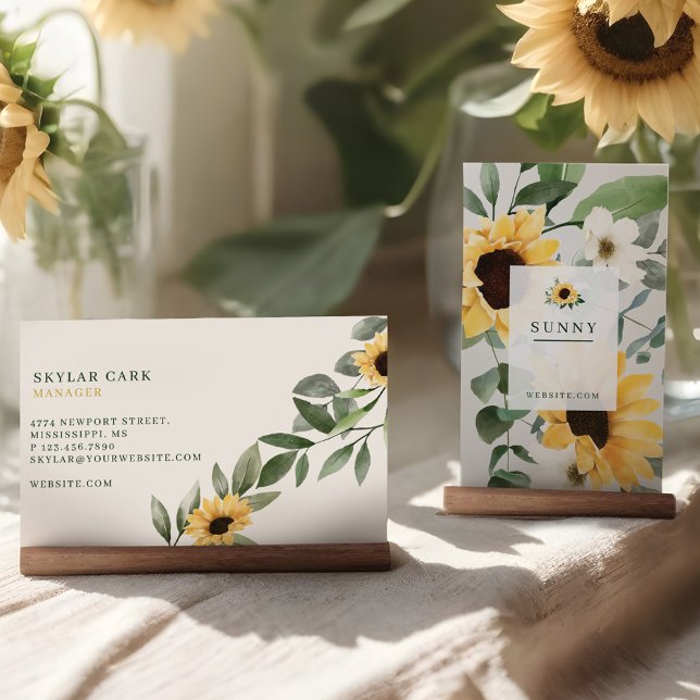 Cartão De Visita Amarelo Cana-de-água Girassóis e flores silvestres (Yellow Watercolor Sunflowers & Wildflower Bohemian Business Card)