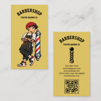 Cartão De Visita Amarelo Mascote de Barbeiro Legal Código QR Estili