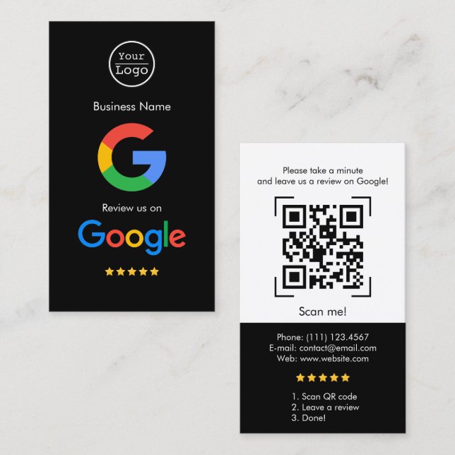 Cartão De Visita Análises do Google | Business Review Link QR Code (Frente/Verso)