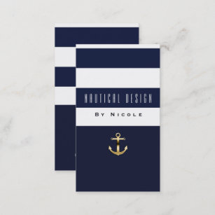 Cartão De Visita Âncora Dourado náutica da listra azul & branca