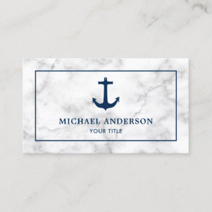 Cartão De Visita Âncora Náutica Azul Marinho de Mármore Branco Mode