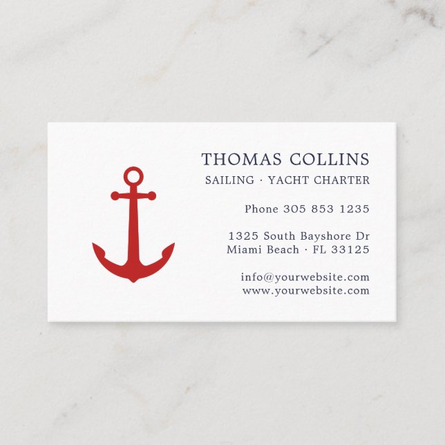 Cartão De Visita Âncora Náutica Vermelha e Marinho Clássico Elegant (Frente)