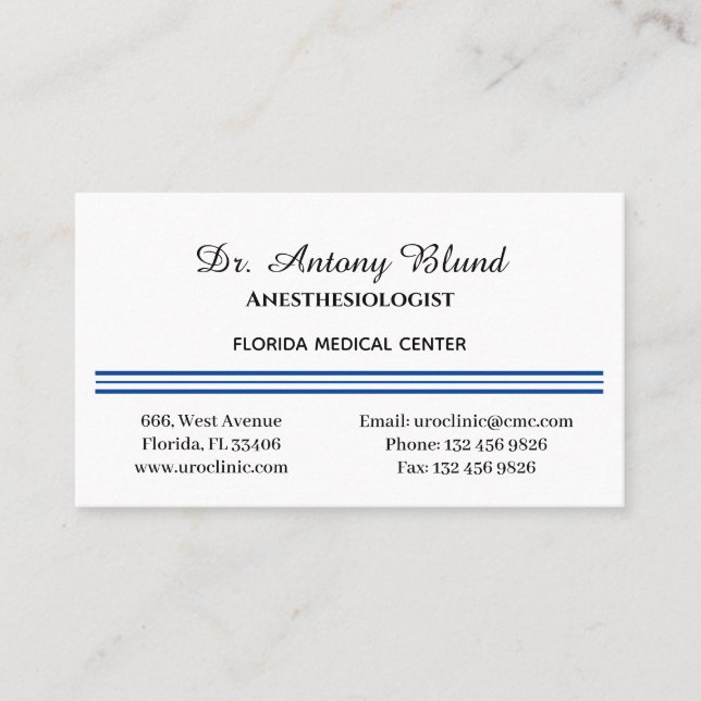 Cartão De Visita Anestesiologista Simples Marinho Azul (Frente)