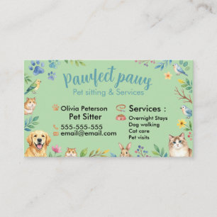 Cartão De Visita Animais Adoráveis em Aquarela para Pet Sitter Pers