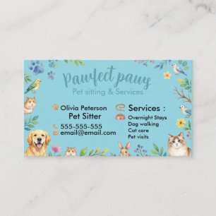 Cartão De Visita Animais Adoráveis em Aquarela para Pet Sitter Pers