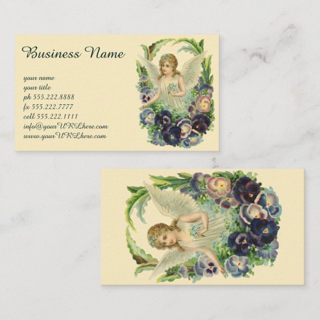 Cartão De Visita Anjo Páscoa vitoriano com Flores Pansy Roxas (Frente/Verso)