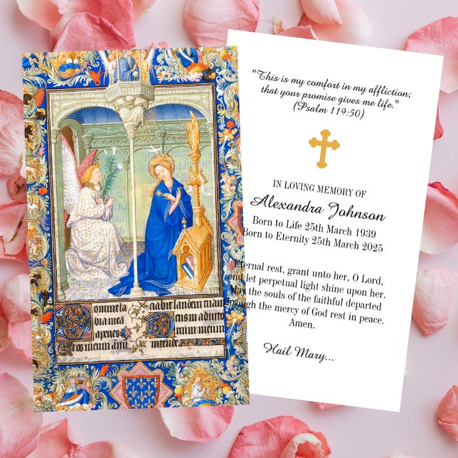 Cartão De Visita Anunciação Ave Maria Oração Memorial Funeral (The Annunciation Hail Mary Christian Catholic In loving memory Funeral Memorial Prayer Card)